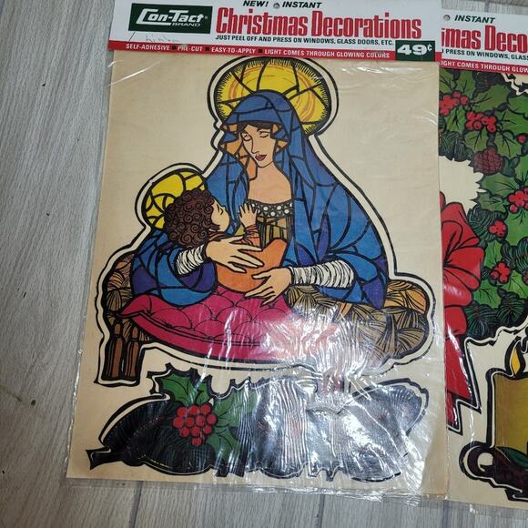Vintage Christmas Window Cling Lot Of 5 Con Tact Instant Christmas Decorations - Picture 4 of 9
